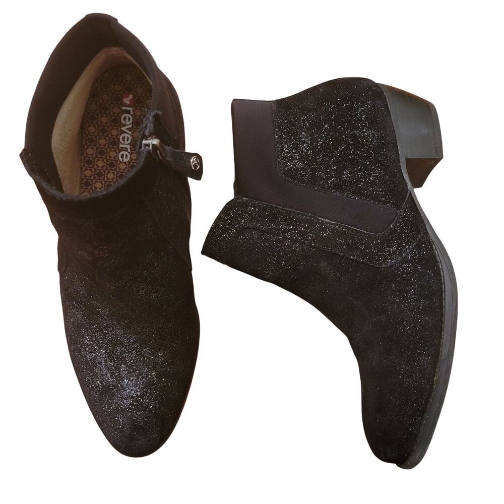 Revere Ankle Boots Black Suede Leather Glitter Sparkle 39W SHANGHAI Bootie Midni